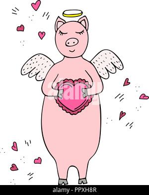 Funny disegnati a mano il maiale vettoriale Amorino con le ali e il cuore nelle sue mani. Scarabocchi. Illustrazione Vettoriale
