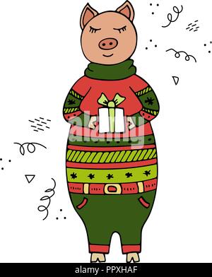 Vector disegnati a mano illustrazione con un maiale in un maglione di Natale con un regalo in mano. Scarabocchi. Illustrazione Vettoriale