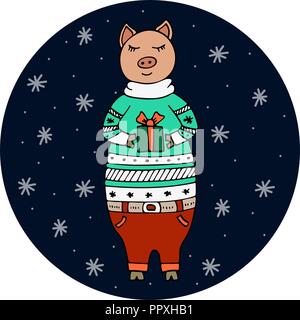 Vector disegnati a mano illustrazione con un maiale in un maglione di Natale con un regalo in mano. Illustrazione Vettoriale