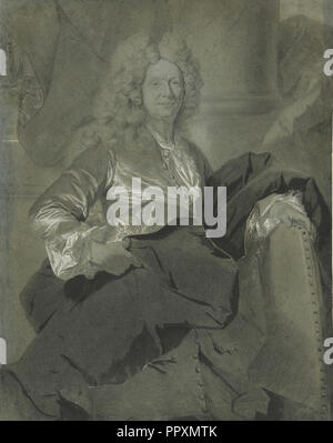 Ritratto di un uomo; Hyacinthe Rigaud Il duomo, francese, 1659 - 1743, circa 1710 - 1720; gesso nero, spazzola con lavaggio grigio, intensificato con Foto Stock