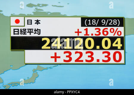 Tokyo, Giappone. Il 28 settembre 2018. Un electronic stock board mostra in Giappone il Nikkei stock medio su Settembre 28, 2018, Tokyo, Giappone, il Nikkei Stock finito medio a 24,120.04, fino 323.30 o 1,36 percento, il suo più alto vicino a quasi 25 anni dal gennaio 1991. Credito: Rodrigo Reyes Marin/AFLO/Alamy Live News Foto Stock