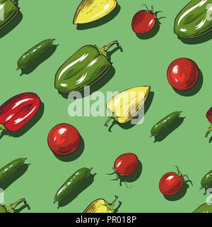 Modello senza soluzione di continuità con le verdure su sfondo verde. Illustrazione Vettoriale. Illustrazione Vettoriale