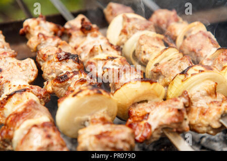 La carne e le cipolle su spiedini grigliare su carbone di legna. Per cucinare un piatto di shish kebab al barbecue. Pic-nic, cibo di strada. Messa a fuoco selettiva Foto Stock