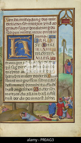 Confine con Mosè e il Serpente di bronzo; Simon Bening, fiammingo, circa 1483 - 1561, Bruges, Belgio; circa 1525 - 1530; tempera Foto Stock