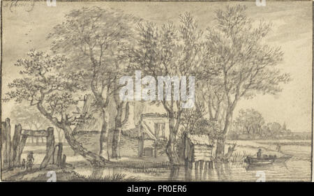 Un cottage nascosti tra gli alberi su un argine; Adriaen Hendriksz. Verboom, Olandese, circa 1628 - circa 1670, Paesi Bassi Foto Stock