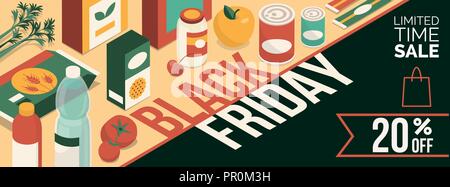 Venerdì nero vendita promozionale banner con prodotti e sconto: negozi di alimentari e alimenti Illustrazione Vettoriale
