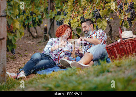 Bella sorridenti giovane sono avente un picnic in un vigneto e tostatura con vino per il buon raccolto. Foto Stock