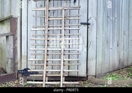 Una coppia di legno inutilizzati giardino grigliati appoggiata contro una recinzione di cedro gate. Foto Stock