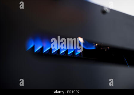 Il gas naturale la masterizzazione con blue flames in un forno. Foto Stock