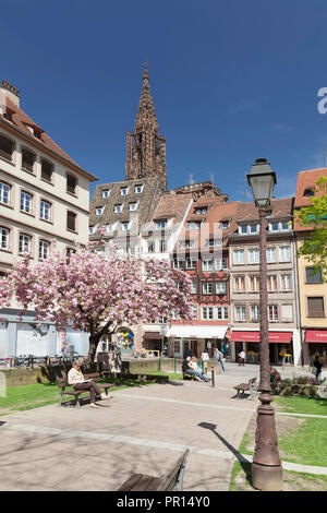 Place des Tripiers e Cattedrale di Strasburgo Notre Dame, Sito Patrimonio Mondiale dell'UNESCO, Strasburgo, Alsazia, Francia, Europa Foto Stock