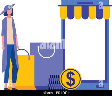 Giovane donna con lo smartphone ecommerce icone illustrazione vettoriale design Illustrazione Vettoriale