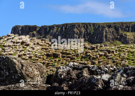Giants Causeway, in Irlanda del Nord, un litorale riempito con incastro naturale di colonne di basalto, i resti di un antico fessura vulcanica eruttare Foto Stock