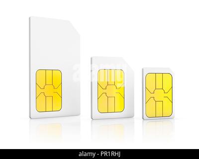 Tre SIM dimensioni. Illustrazione di un mini-SIM, una carta Micro SIM e un nano-SIM. Foto Stock
