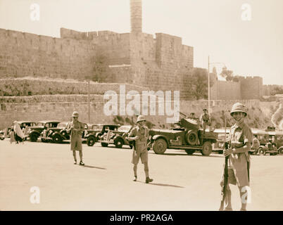 Alla zona della cittadella a Porta di Jaffa sotto la pattuglia militare durante la corte prova il Ago 22, '38 della bomba incidente su luglio 8. 1938 Foto Stock