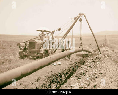 Posa del Iraq Petroleum Company la tubazione per tutta la pianura di Esdraelon, luglio 1933. La caduta di tubo saldato in trincea. Foto Stock