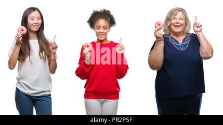 Collage di cinesi, americano africano e caucasico persone mangiare una ciambella su sfondo isolato sorpreso con un'idea o domanda puntare il dito w Foto Stock
