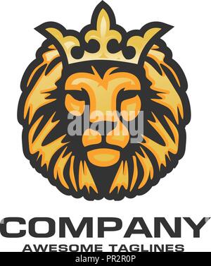 La testa di un leone con una corona regale,testa leone con vettore di corona, segno del vettore concetto illustrazione. Lion kings Head logo Illustrazione Vettoriale