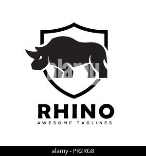 Rhino con scudo vettore logo, rinoceronte logo di schermo monocromatico colore modello di business, rinoceronti logo per lo sport club o team. Animali logotipo mascotte , Illustrazione Vettoriale