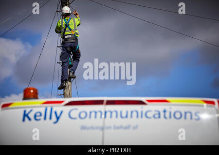 I contraenti telecome ingegnere da Kelly Communications scalata di un palo telefonico per fissare una linea telefonica funzionante subfornitore per BT Openreach in Ma Foto Stock