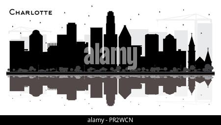 Charlotte skyline della città in bianco e nero con silhouette riflessioni. Piatto semplice concetto per il turismo presentazione, banner, cartellone o sito web. Illustrazione Vettoriale