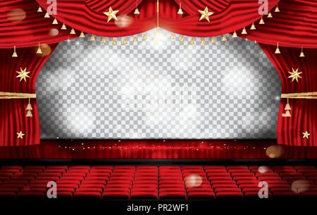 Red sipario di un palcoscenico con posti a sedere e copia trasparente spazio. Teatro, Opera o il Cinema scena. Luce su un pavimento. Illustrazione Vettoriale. Illustrazione Vettoriale