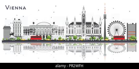 Vienna Austria dello skyline della città con edifici di colori e riflessi isolato su bianco. Illustrazione Vettoriale. Illustrazione Vettoriale