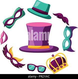 Top hat con maschere bicchieri corona costume di carnevale party Illustrazione Vettoriale