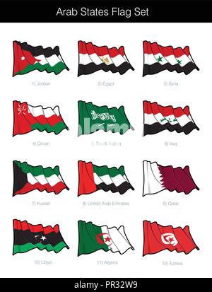 Gli Stati Arabi sventola Bandiera Set. Il set include le bandiere della Giordania, Egitto, Siria, Oman, Arabia Saudita, Iraq, Kuwait, Emirati arabi uniti, Qatar, Libia, Algeria e Tuni Illustrazione Vettoriale