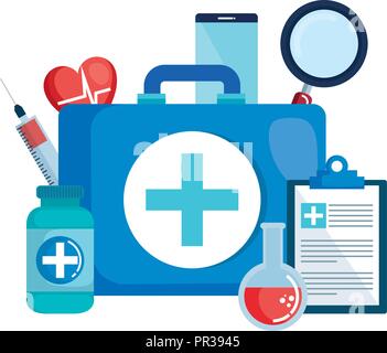 Kit medico con set di icone illustrazione vettoriale design Illustrazione Vettoriale