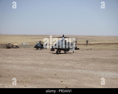 Due AH-64E elicotteri Apache sit parcheggiata in un armamento di avanzamento e punto di rifornimento (FARP) in Asia sud-ovest il 28 luglio 2017. Farp azionato dal 449th aviazione battaglione supporto ampliare la portata e la funzionalità del patrimonio dell'aviazione condurre missioni a sostegno della Combined Joint Task Force inerente operazione di risolvere. CJTF-funzione OIR è la coalizione globale per sconfiggere ISIS in Iraq e la Siria. Foto Stock