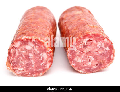 Salumi affumicati Salsicce isolato su sfondo bianco Foto Stock