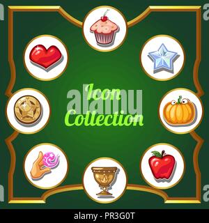 Decorate luminosamente poster con una raccolta di icone. Vector cartoon close-up illustrazione. Illustrazione Vettoriale