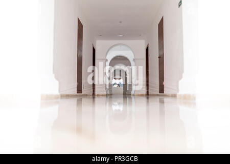 Bassa vista in prospettiva di un lussuoso hotel tropicale e corridoio con architettura contemporanea in marmo bianco mattonelle o piastrelle sul pavimento e legno scuro d Foto Stock