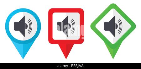 Volume rosso, blu e verde puntatori vettore icone. Set di colorate marcatori di posizione isolata su sfondo bianco facile da modificare. Illustrazione Vettoriale