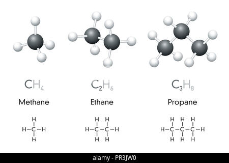 Metano, etano, propano. Molecola ball-e-stick i modelli e le formule chimiche. Organici composti chimici. Il gas naturale. Struttura geometrica, formula. Foto Stock