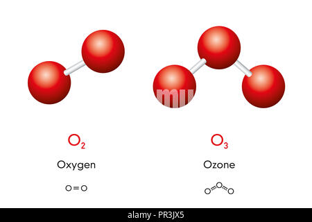 Ossigeno O2 e ozono O3 molecola i modelli e le formule chimiche. E Dioxygen trioxygen. Il gas. Sfera-e-stick modelli e strutture geometriche e formule. Foto Stock