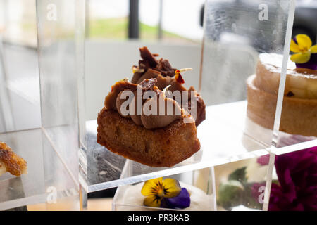 Piccola torta di nocciole madeleine, gianduja chantilly e gianduja cioccolato al latte Foto Stock