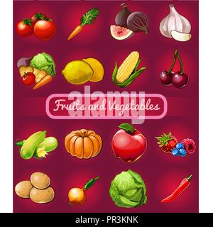 Poster con una foto di mature e sana la frutta e la verdura isolato su sfondo rosso. Alimenti biologici dieta sana e menu fitness. Vector cartoon close-up illustrazione. Illustrazione Vettoriale