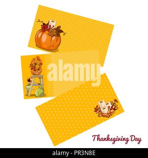 Serie di bozzetti per card o una festa privata inviti con spazio per il testo in stile di vacanza della Giornata del ringraziamento isolati su sfondo bianco. Vector cartoon close-up illustrazione. Illustrazione Vettoriale