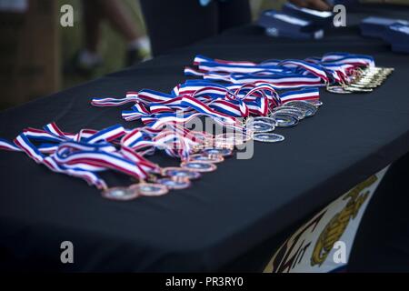 Le medaglie vengono posti su un tavolo per gara ai partecipanti di ricevere al completamento del Campo Smith Grueler 5k corsa a bordo di Camp H.M. Smith, 22 luglio 2017. Il Grueler 5k sia una gara di 13 gare ospitate da Marine Corps servizi comunitari a varie installazioni militari ogni anno per il "i Comandanti Race Series", per i membri del servizio, le loro famiglie e per il pubblico a partecipare e a godere. Foto Stock