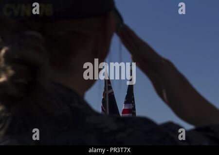 Petty Officer di terza classe Joanna Grandall saluta il U.S. e bandiere Australiano durante la cerimonia di chiusura dell esercizio talismano Saber 17 a bordo della USS Ronald Reagan CVN (76), portati a Brisbane, Queensland, Australia, 25 luglio 2017. Grandall è un membro di equipaggio con Ronald Reagan e nativo di Port Charlotte, Florida. Talismano Saber è un esercizio biennale progettata per migliorare l'interoperabilità tra l'Australia e le forze americane. Il trentunesimo MEU sta prendendo parte in talismano Saber 17 mentre distribuito su una regolarmente pianificate pattuglia dei Indo-Asia-regione del Pacifico. Foto Stock