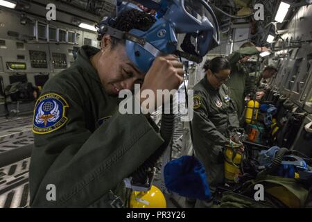 Stati Uniti Air Force Master Sgt. Linda W. Daniels, Istituto di medicina aeronautica tecnico di evacuazione, 514th Medicina Aeronautica squadrone di evacuazione, 514th aria mobilità ala, controlla il suo MA-1 a piedi attorno a bottiglia durante una evacuazione di medicina aeronautica missione di addestramento a bordo di un 305Aria Mobilità ala C-17 Globemaster III a Nashville, Tennessee, luglio 29, 2017. La formazione ha lo scopo di insegnare agli infermieri di volo e di medicina aeronautica tecnici Evacuazione come rispondere agli scenari durante l evacuazione dei malati o feriti personale e come gestire le situazioni mediche che potrebbero verificarsi durante il volo. Il 514th Medicina Aeronautica Squadr di evacuazione Foto Stock