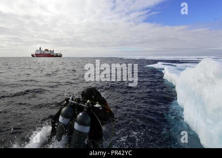 Coast Guard Petty Officer di prima classe David Bradbury, un membro di una costa comune Guard-Navy dive team distribuiti su i Guardacoste Healy, entra in acqua da un guardacoste Healy piccola barca in acqua fredda dive di ghiaccio in Artico, luglio 30, 2017. Il successo delle operazioni di immersione durante la loro distribuzione è aumentata la Guardia Costiera ha la missione di funzionalità in entrambi l'Artico e Antartide. Stati Uniti Coast Guard Foto Stock