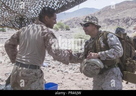 Gibuti - STATI UNITI Marine Sgt. Ayman Khan, a sinistra un imbarco specialista assegnato all'elemento di comando, xiii Marine Expeditionary Unit (MEU), saluta Lt. Col. Rudy Salcido, XIII MEU operations officer, all'arrivo a Gibuti per il teatro di combattimento anfibio le prove (TACR), Sett. 9, 2018. Guidato dalla Forza anfibia, Task Force 51/5th Marine Expeditionary Brigade, TACR integra U.S. Navy e Marine Corps patrimonio alla pratica e provare una gamma di combattimento critico-relative capacità disponibili negli Stati Uniti. Comando centrale, sia a galla e a riva, a promuovere la stabilità e la sicurezza nella regione. Stati Uniti 5 Foto Stock