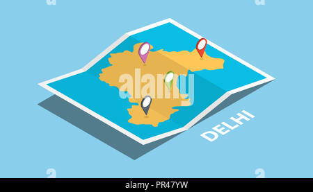 Delhi India Esplora mappe ubicazione con mappa piegata e ubicazione dei pin maker destinazione in stile isometrico illustrazione vettoriale Foto Stock