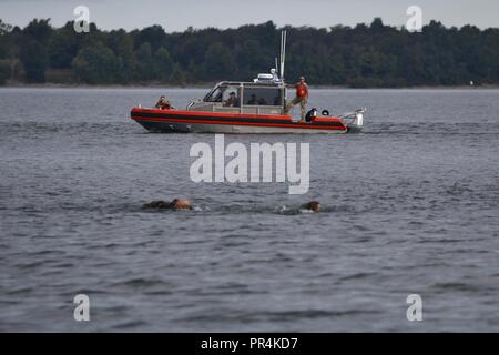 I soldati dell'Ingegnere xli Battaglione, 2° Brigata Team di combattimento, decimo Montagna divisione, condurre una formazione Helocast esercizio nel fiume nero baia vicino a Porto di astucci, New York, 14 settembre 2018. Soldati di B Company, 3-10 Supporto generale del battaglione di aviazione, decimo combattere la Brigata Aerea, a condizione che il supporto aereo per la missione. Foto Stock