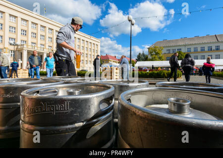 Uzhgorod, Ucraina - 29 SET 2018: Ceco giorni in TransCarpathia festival. 100 Anno di celebrazione della Cecoslovacchia. Le persone godono di salsicce, birra e altri gustosi spuntini Foto Stock