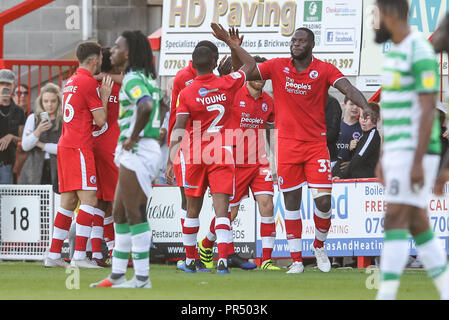 Crawley, Regno Unito. 29 Settembre 2018.Filipe Morais di Crawley Town punteggi per renderlo 3-1 durante il cielo EFL scommettere League 2 corrispondenza tra la città di Crawley e Yeovil Town al Checkatrade.com Stadium, Crawley, Inghilterra il 29 settembre 2018. Foto di Ken scintille. Solo uso editoriale, è richiesta una licenza per uso commerciale. Nessun uso in scommesse, giochi o un singolo giocatore/club/league pubblicazioni. Credit: UK Sports Pics Ltd/Alamy Live News Foto Stock