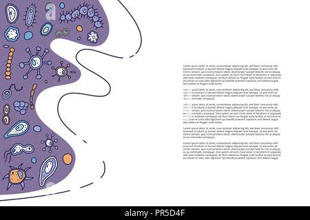 Banner orizzontale con diverse celle microarganisms. Set di batteri forma. Il modello con lo spazio vuoto per il testo. Vettore stile doodle composizione. Illustrazione Vettoriale