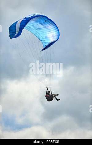 Parapendio volare al di sopra della rivolta a ovest in scarpata in pendenza su Dunstable Downs, Bedfordshire, Regno Unito. Chiltern Hills. Il parapendio. Foto Stock